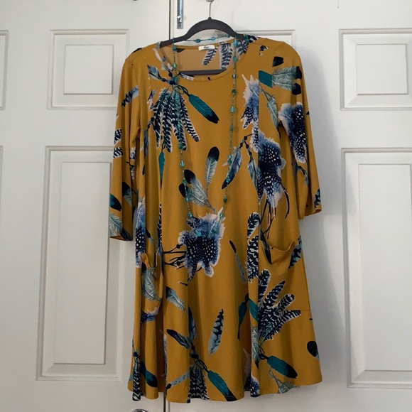Mustard swing dress size small- feather print - Picture 2 of 3
